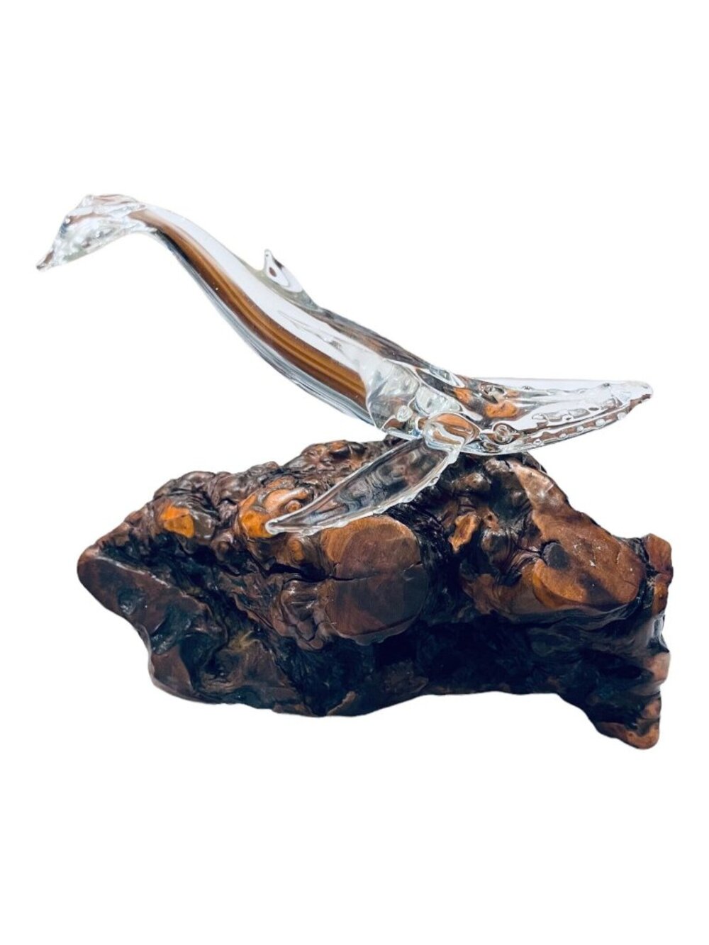 Vintage Crystal Clear Humpback Whale On Burl Wood Base Sculpture ANA-S30085 USA